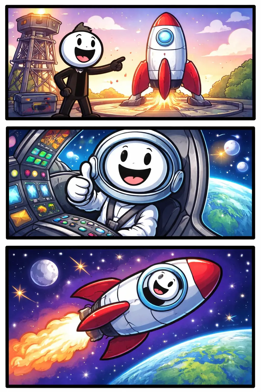 Een stripafbeelding van het Nederlandse woord raket met een stickman die in drie panelen verschillende momenten rond een raket beleeft.