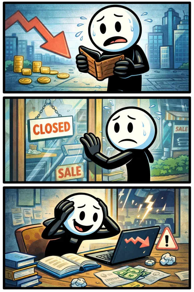 Stickman ervaart recessie door minder geld te hebben, een lege winkel te zien en bezorgd naar dalende grafieken te kijken in drie verschillende scènes.