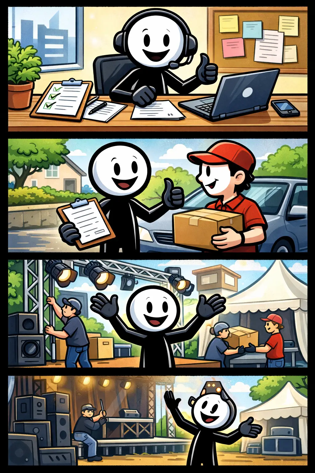 Een stickman regelt verschillende zaken: in het eerste paneel plant hij iets aan een bureau, in het tweede paneel organiseert hij spullen en mensen, en in het derde paneel is alles netjes geregeld en overzichtelijk.