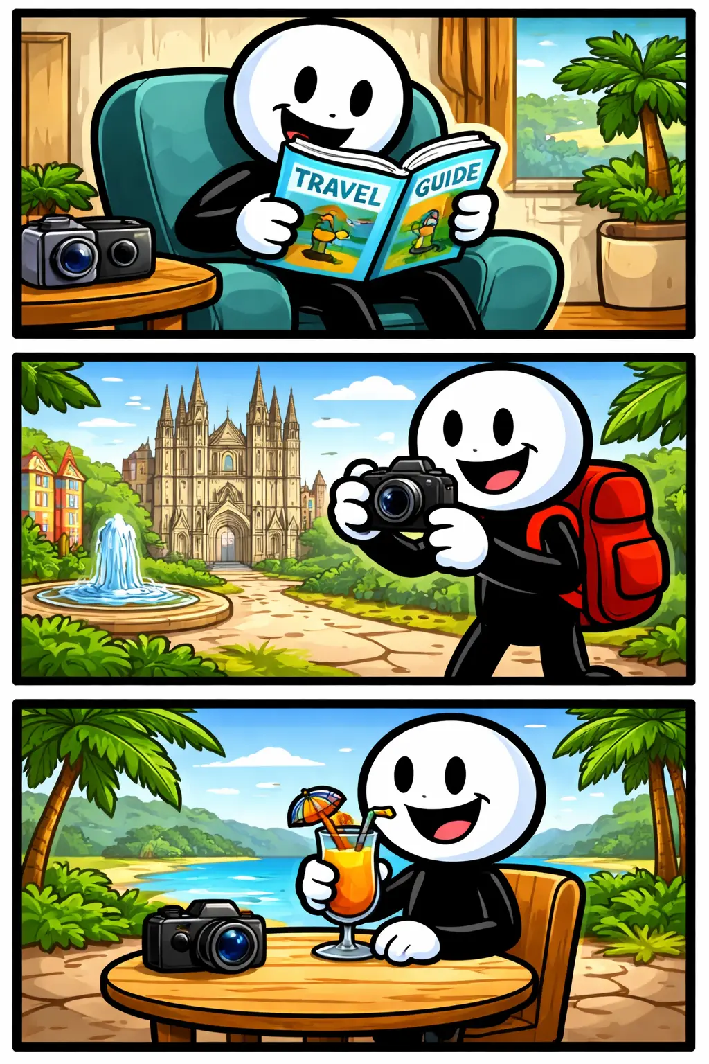 Een stripafbeelding van een stickman in Toonwords-stijl die een reisgids gebruikt.