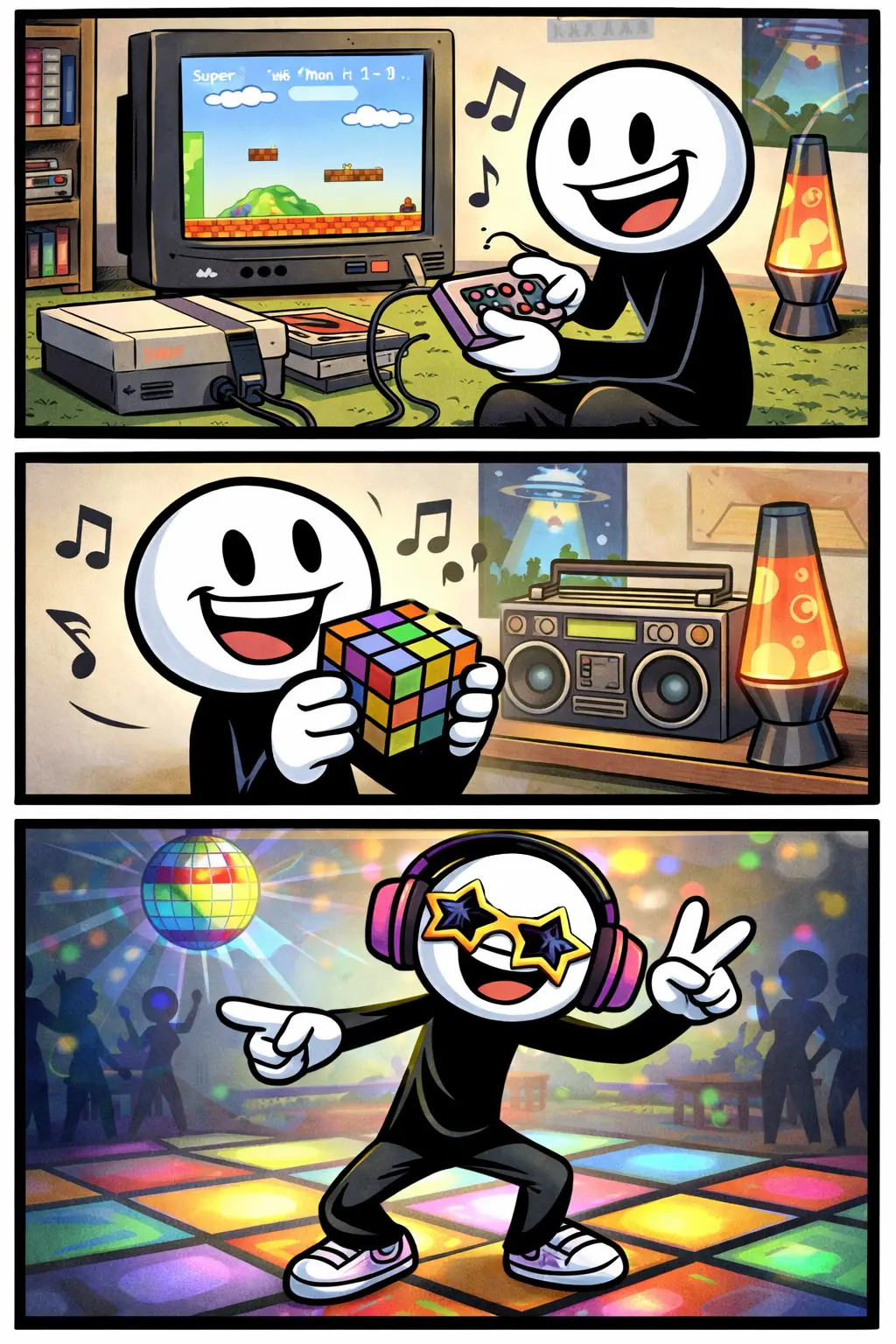 Een Toonwords stripafbeelding van het woord retro met een stickman die oude en nostalgische elementen uit het verleden herbeleeft in drie panelen.