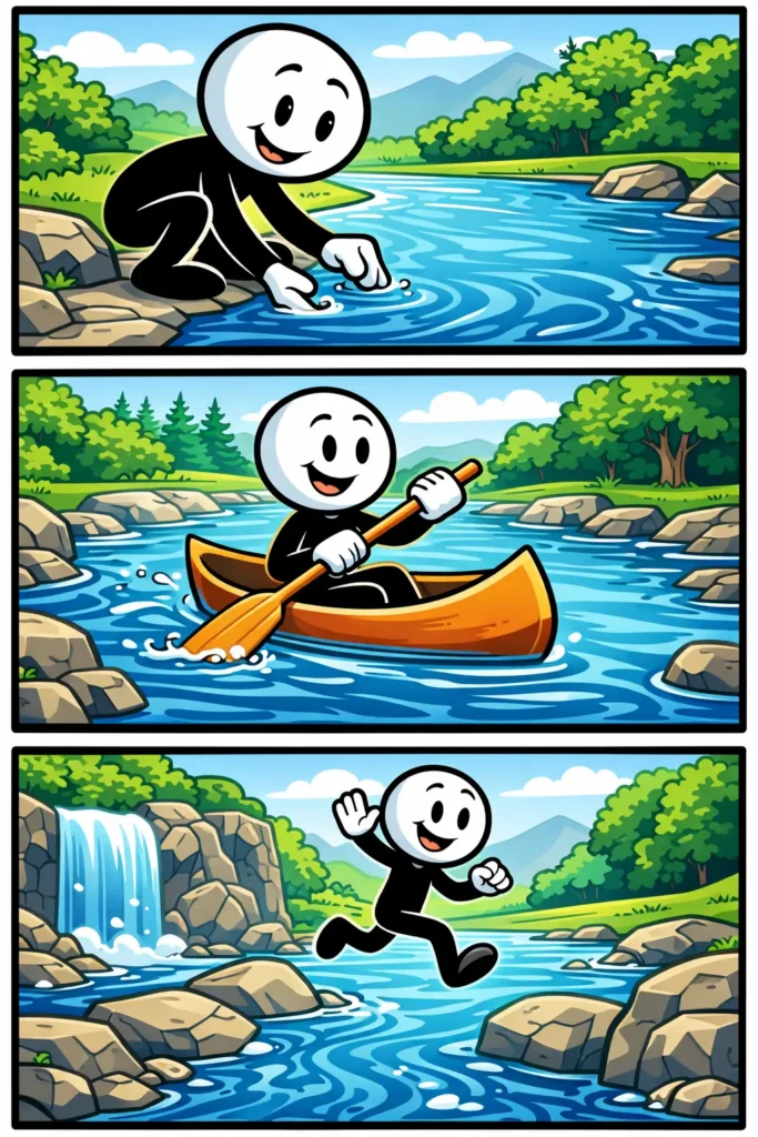 Stickman die eerst bij een brede rivier staat, daarna over een brug loopt en uiteindelijk vrolijk langs de rivier verder wandelt.