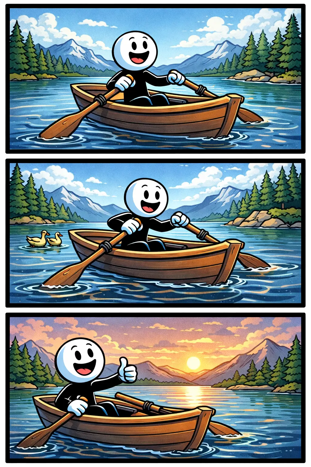 Toonwords-strip van een roeiboot waarin een stickman vrolijk met roeispanen over het water roeit in verschillende momenten.