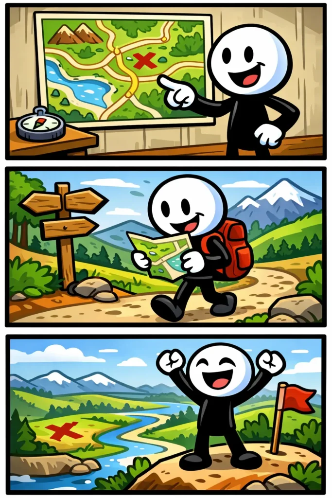 Een stripafbeelding van een stickman in Toonwords-stijl die een routekaart gebruikt.