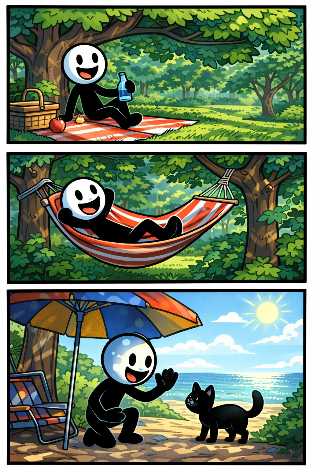 Stickman zoekt een schaduwrijk plekje onder bomen om even uit de felle zon te staan.