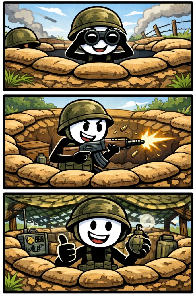 Een Toonwords strip van een stickman die in een schuttersput graaft, erin schuilt en van daaruit veilig om zich heen kijkt in een open landschap.