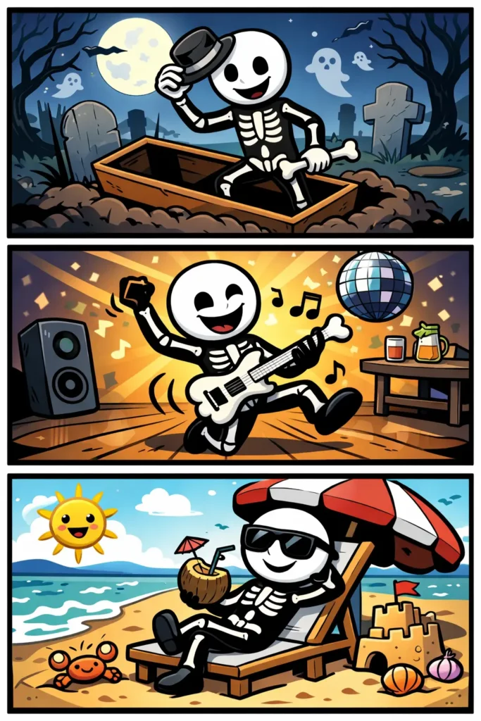 Een stripafbeelding met drie panelen onder elkaar in Toonwords-stijl over skelet: in het eerste paneel staat een vrolijke stickman naast een zichtbaar skeletmodel in een klaslokaal, in het tweede paneel beweegt de stickman terwijl het skelet als röntgenbeeld zichtbaar is, in het derde paneel danst het skelet speels in een andere omgeving.