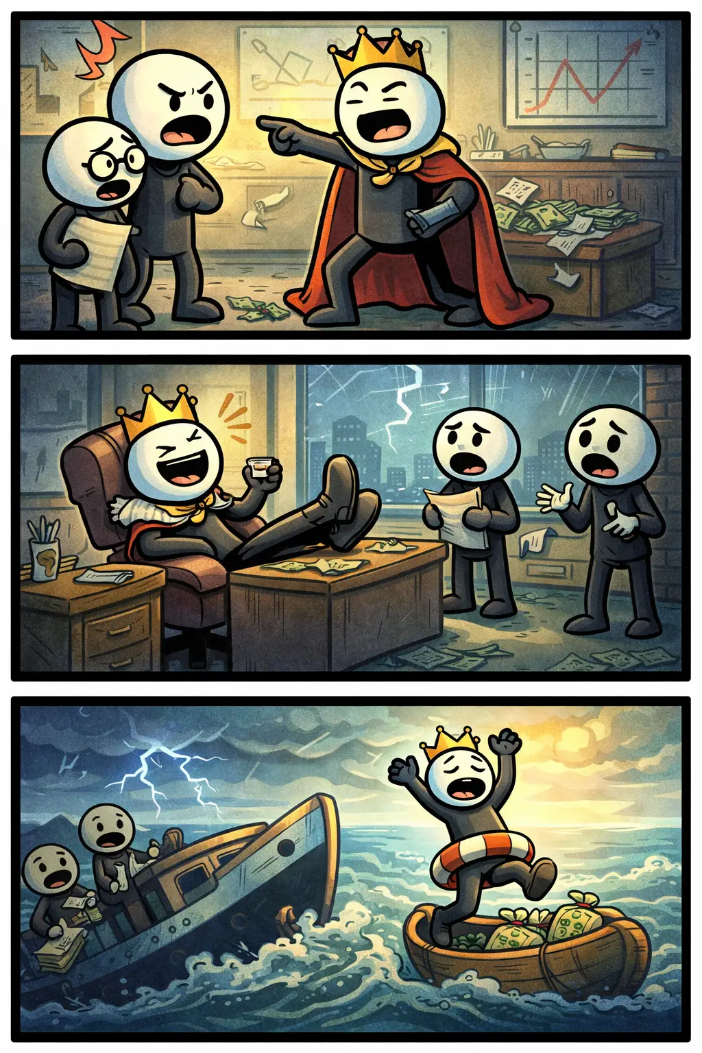 Een Toonwords-strip met drie panelen onder elkaar over Slechte leiders: in het eerste paneel geeft een stickman met een kroon verkeerde bevelen aan anderen, in het tweede paneel ontstaan problemen en chaos terwijl de leider niets doet, in het derde paneel proberen andere figuren het zelf op te lossen terwijl de leider afwezig of ongeïnteresseerd blijft.