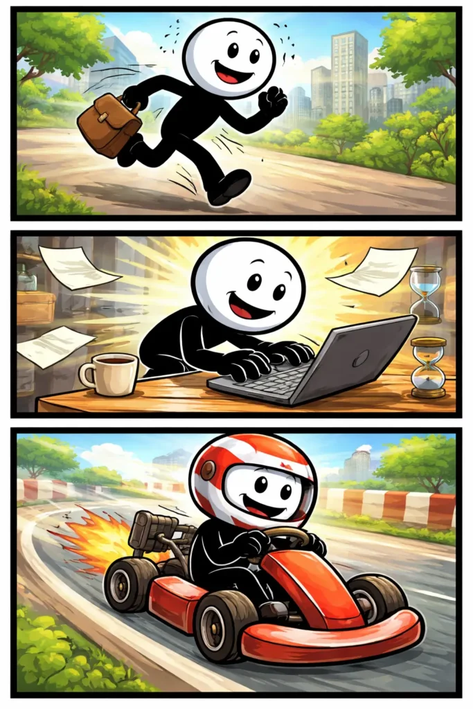 Een Toonwords-strip waarin een stickman zich snel voortbeweegt door verschillende situaties zoals rennen, werken en rijden met hoge snelheid.