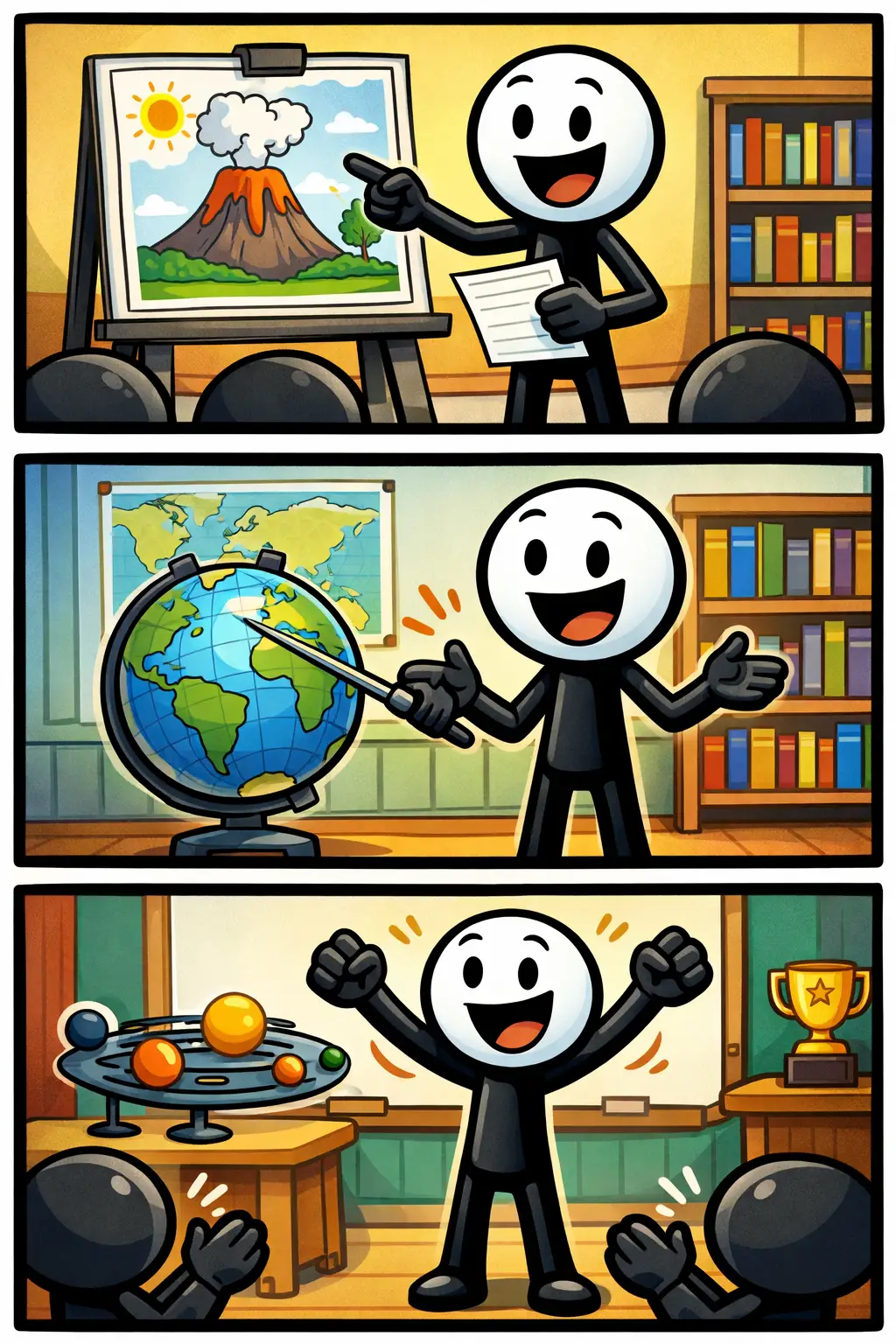 Een Toonwords-strip met drie panelen onder elkaar over Spreekbeurt: in het eerste paneel staat een stickman thuis te oefenen met een papier in de hand, in het tweede paneel staat dezelfde stickman voor een klaslokaal met een bord achter zich en begint te praten, in het derde paneel krijgt de stickman applaus van andere figuren terwijl hij blij kijkt.