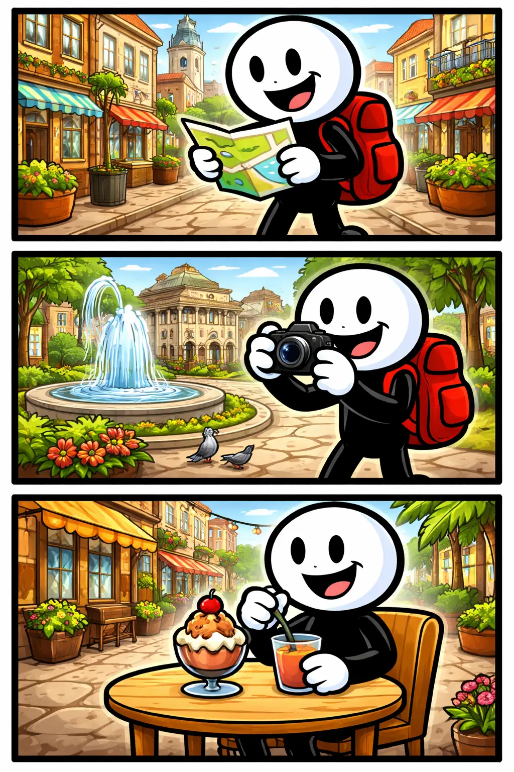 Een stripafbeelding van een stickman in Toonwords-stijl die een stadswandeling maakt.