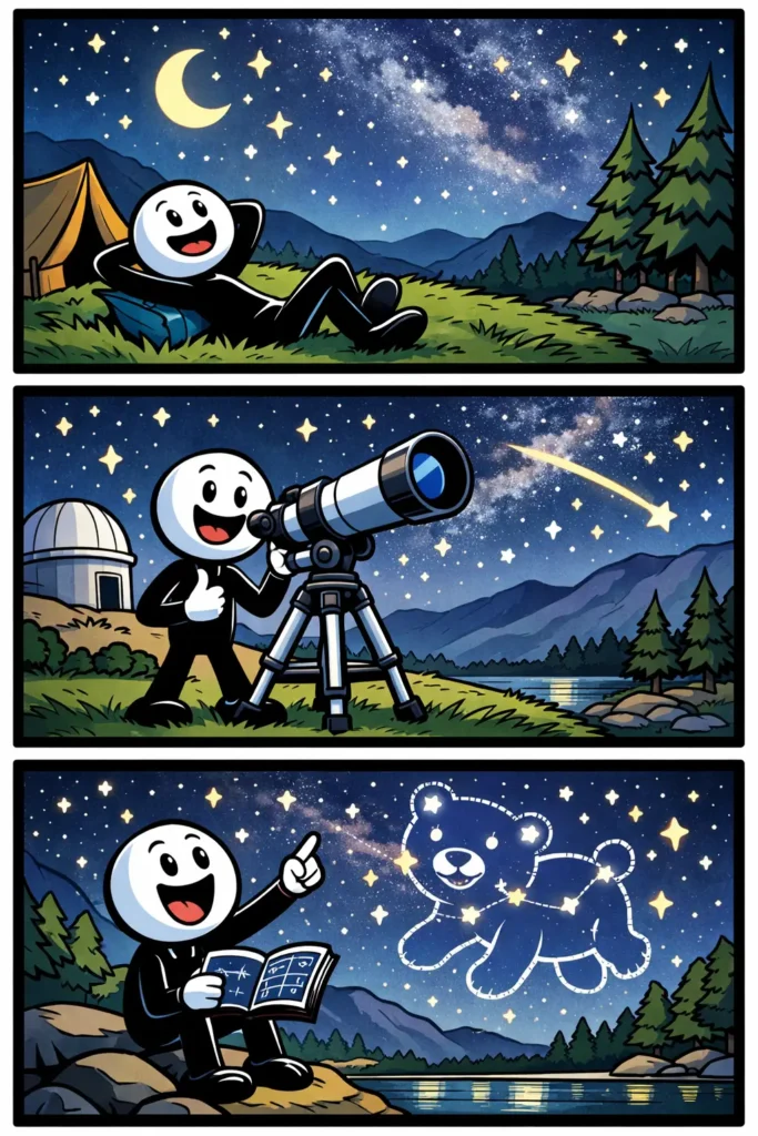 Toonwords-strip van sterrenkijken waarbij een stickman ’s nachts naar de sterrenhemel kijkt en geniet van het stille moment onder de sterren.