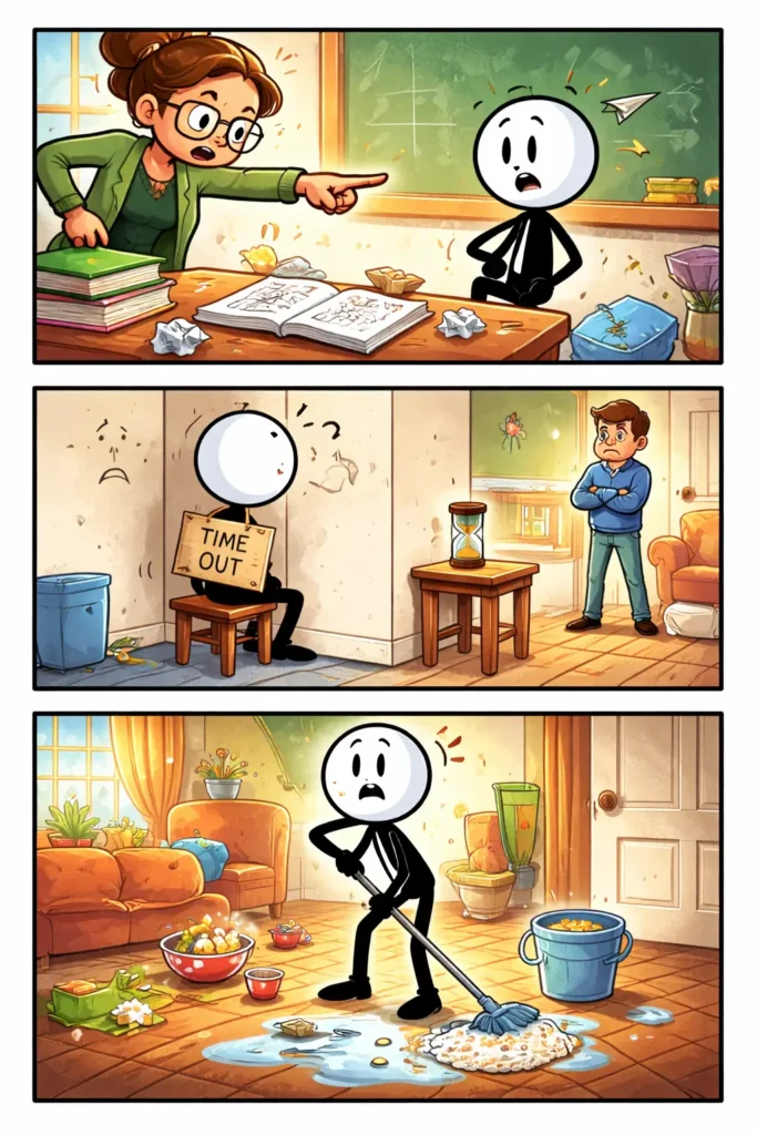 Stickman ervaart een strafmoment in verschillende situaties, passend bij het thema straf.