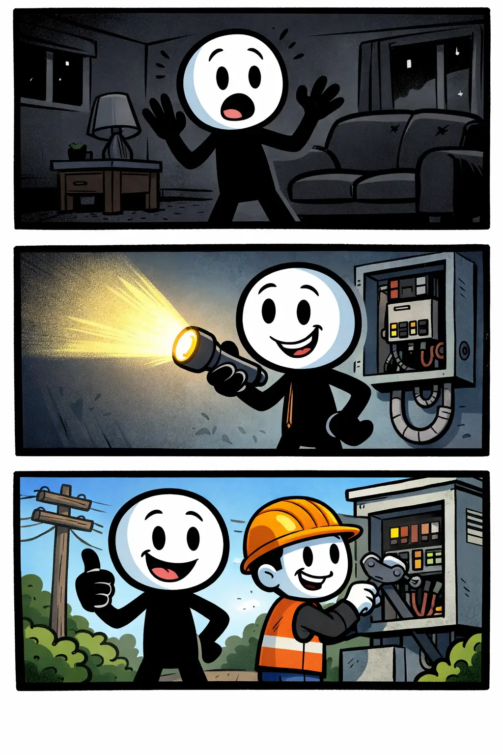 Stickman merkt een stroomstoring wanneer het licht uitvalt, gebruikt een zaklamp bij een meterkast en ziet buiten hoe een monteur het elektriciteitsprobleem oplost.