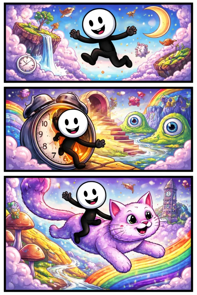 Een Toonwords-strip met drie panelen waarin een stickman zich in een surrealistisch landschap bevindt met zwevende objecten, vervormde vormen en droomachtige situaties.