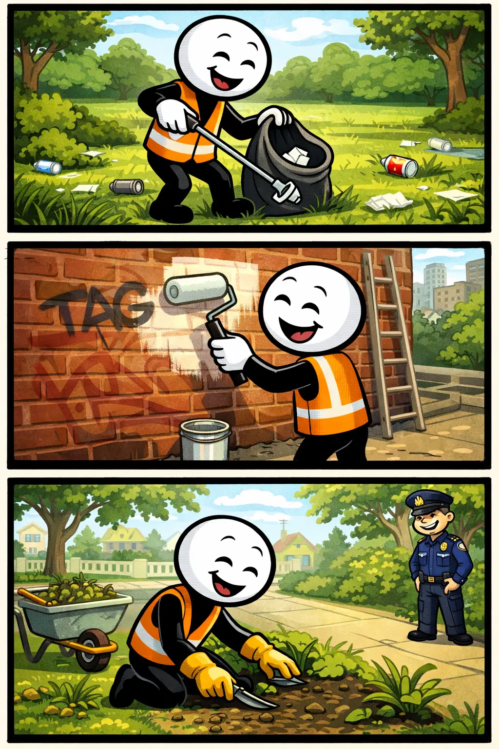 Stripafbeelding met drie panelen onder elkaar in Toonwords-stijl over Taakstraf: een stickman met witte kop en zwart lichaam ruimt eerst afval op in een park, helpt daarna met schoonmaken van een gebouw en veegt tenslotte een straat, met in elk paneel een ander decor en een leerzame, positieve sfeer.