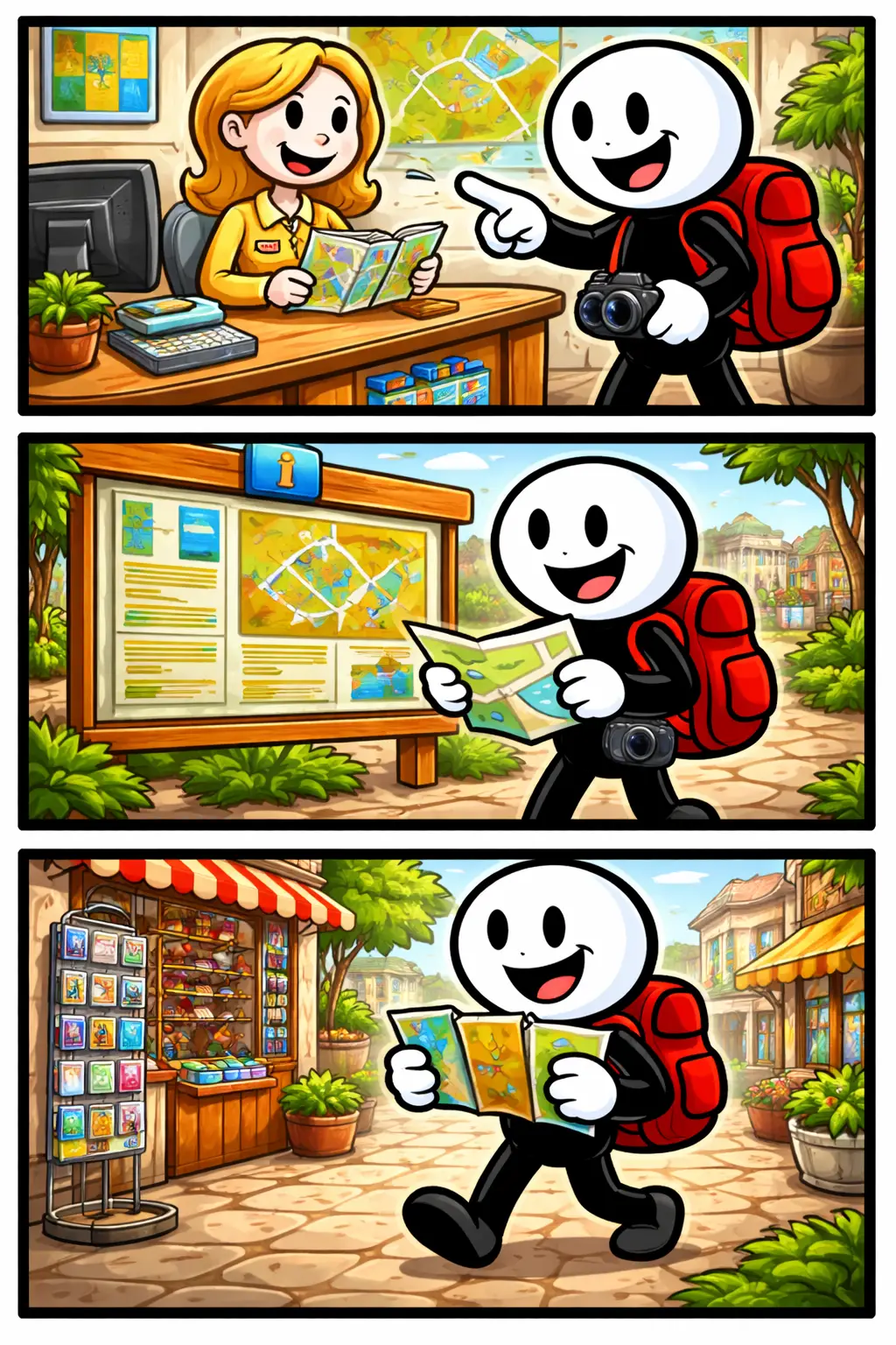 Een stripafbeelding van een stickman in Toonwords-stijl die toeristeninformatie opzoekt.