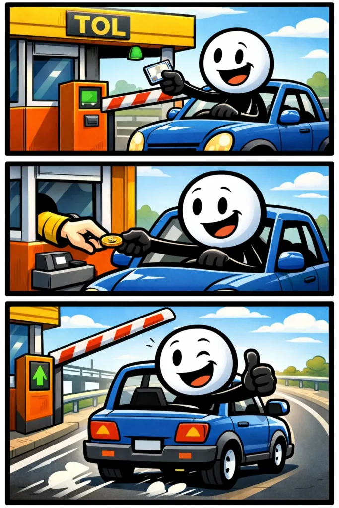 Strip met drie scènes waarin een stickman bij een tolpoort staat, betaalt en door een geopend hek rijdt, passend bij het woord tolpoort.