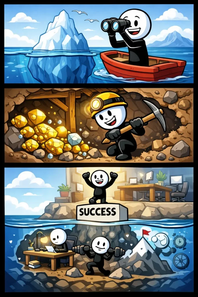 Een Toonwords-strip met drie panelen: een stickman kijkt naar het kleine topje van een ijsberg boven water, daarna zwemt hij eromheen en ontdekt een veel groter deel onder water, en tenslotte kijkt hij verrast naar de enorme verborgen massa terwijl hij beseft dat het topje van de ijsberg maar een klein deel laat zien.