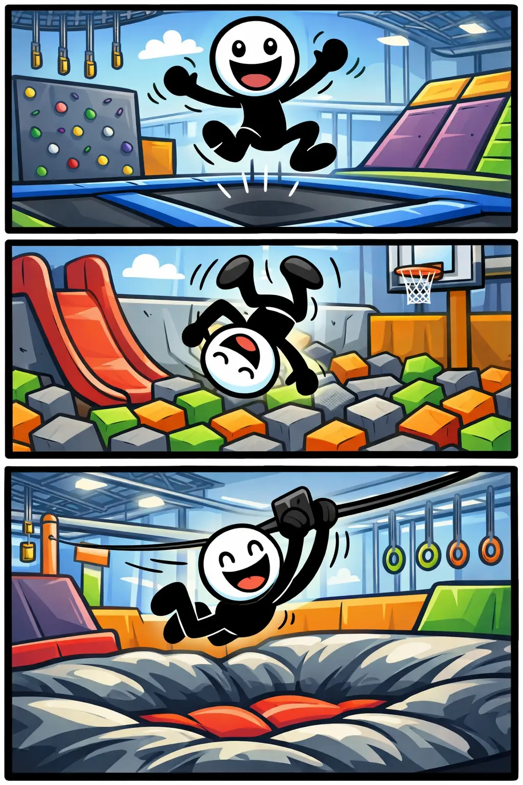 Stickman die in een trampolinepark vrolijk rondspringt in drie panelen, passend bij het woord Trampolinepark.