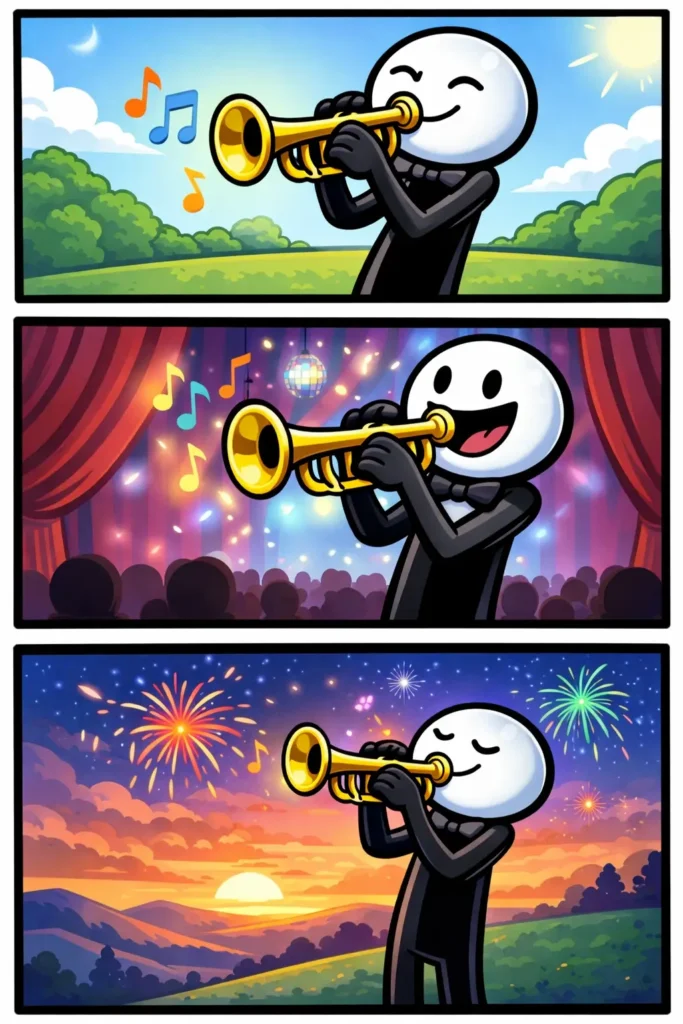 Een stripafbeelding van het Nederlandse woord trompet met een stickman die in drie panelen op verschillende plekken een trompet bespeelt.