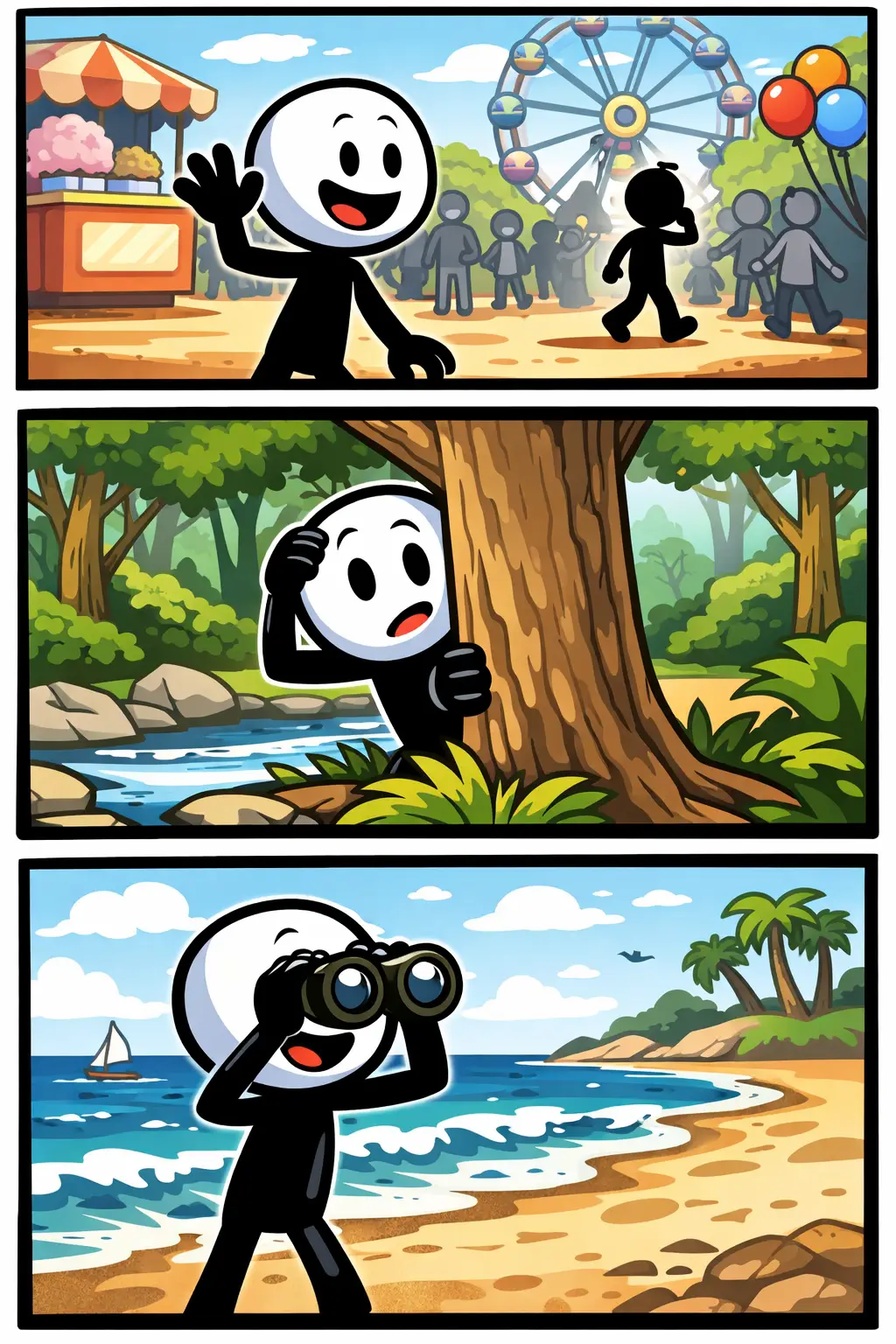 Een Toonwords-strip waarin een stickman iets of iemand volgt en vervolgens langzaam uit het oog verliest terwijl het uit beeld verdwijnt.