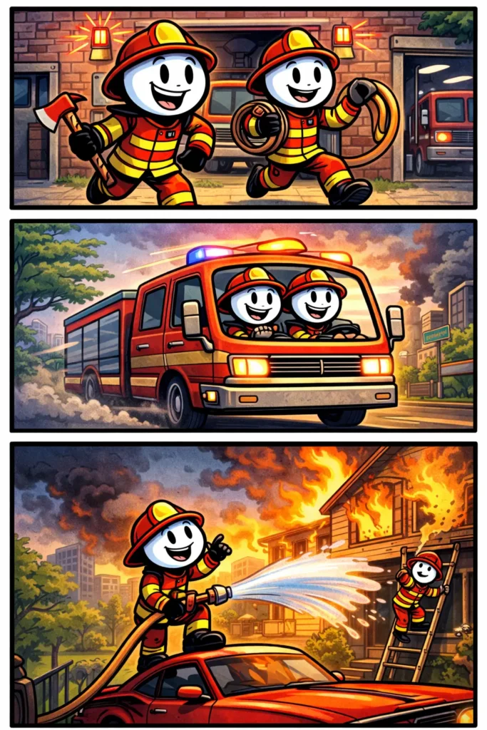 Stickman hoort een alarm, springt in een brandweerwagen en rijdt snel weg terwijl de sirene klinkt om uit te rukken naar een noodsituatie.