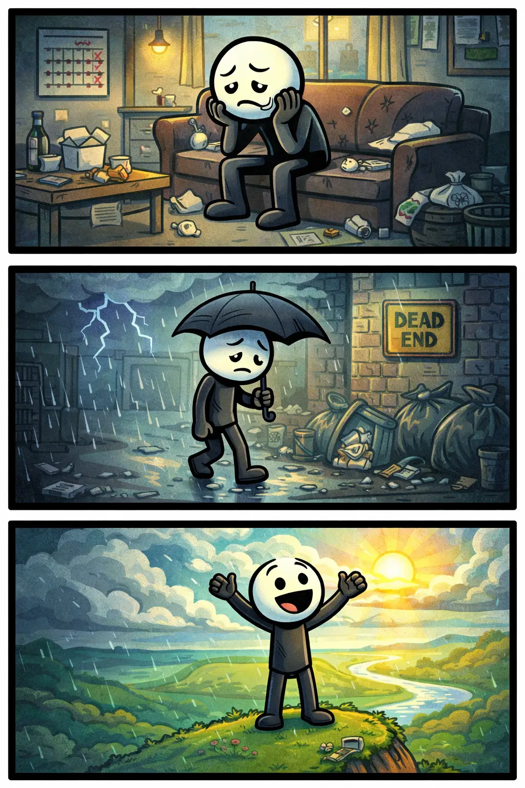 Een Toonwords-strip met drie panelen onder elkaar over Uitzichtloos: in het eerste paneel zit een stickman alleen in een donkere ruimte zonder ramen, in het tweede paneel kijkt de stickman om zich heen en ziet overal gesloten deuren, in het derde paneel blijft de stickman rustig staan terwijl er in de verte een klein lichtpunt verschijnt dat hoop suggereert.