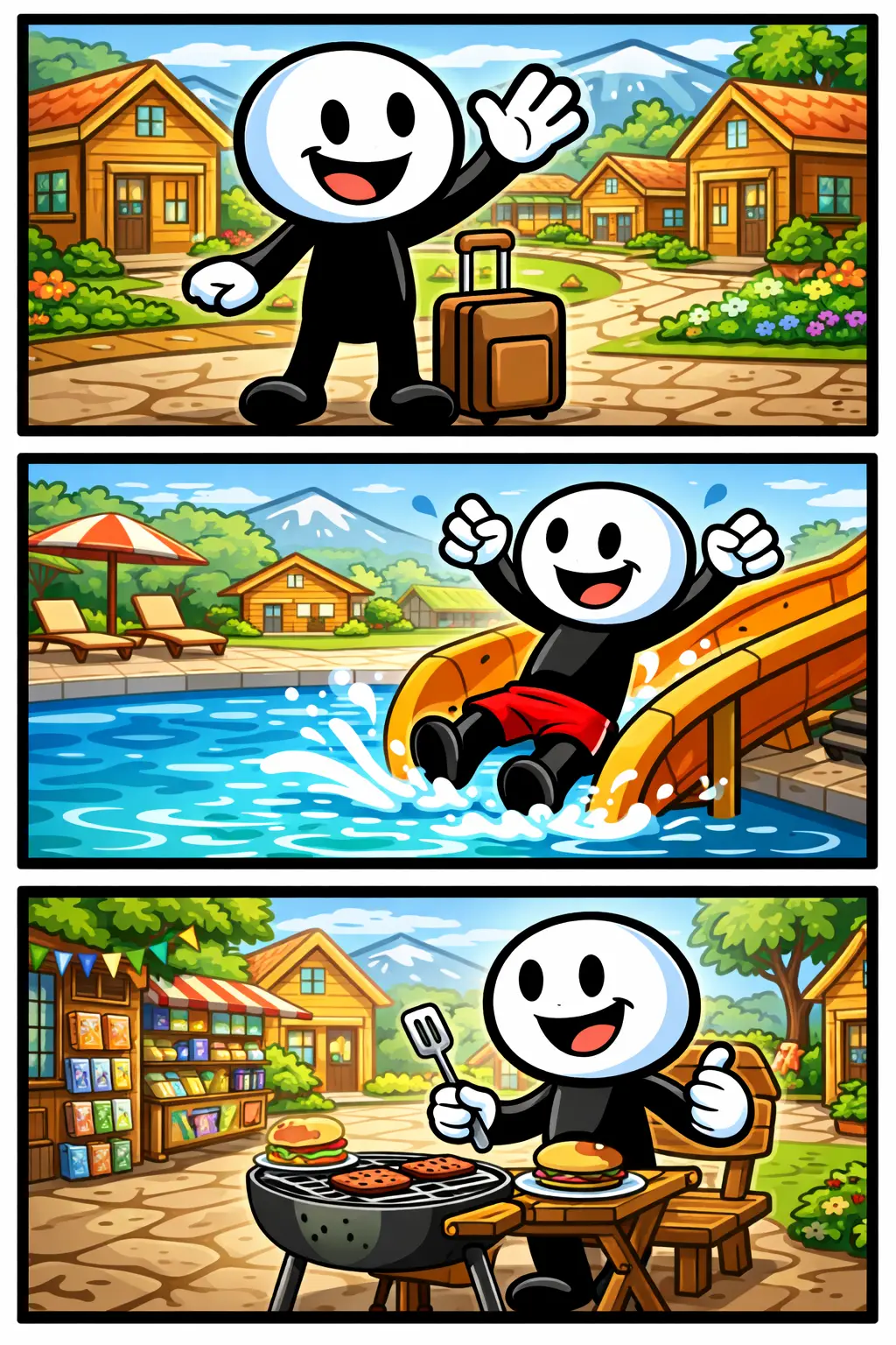 Een stripafbeelding van een stickman in Toonwords-stijl in een vakantiedorp.