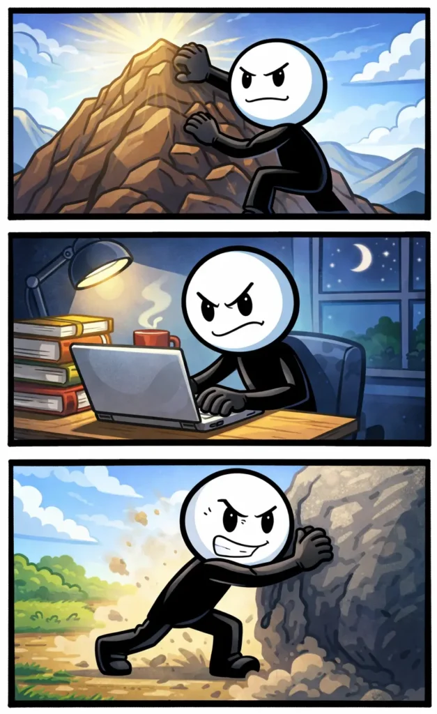 Een stripafbeelding in Toonwords-stijl met drie panelen onder elkaar. In elk paneel laat een stickman met een witte kop en zwart lichaam een vastberaden houding zien. In het eerste paneel staat hij voor een hoge heuvel en kijkt hij gefocust omhoog. In het tweede paneel klimt hij door weer en wind verder omhoog zonder op te geven. In het derde paneel bereikt hij de top en staat hij trots en zelfverzekerd rechtop. Het Nederlandse woord "Vastberaden" wordt uitgebeeld door doorzettingsvermogen en doelgericht handelen.