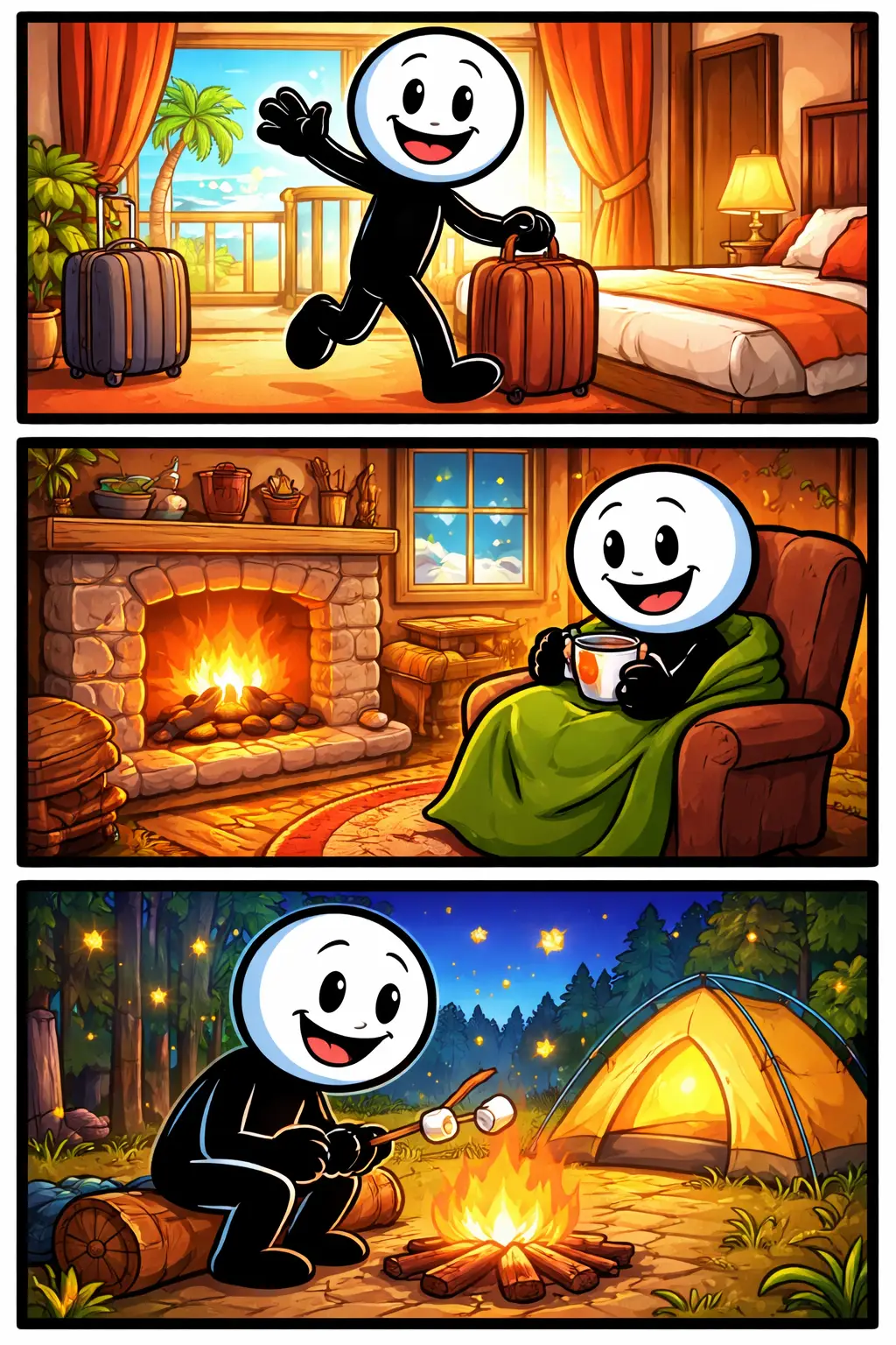 Stickman arriveert bij een huis, slaapt er een nacht en vertrekt weer na een kort verblijf.