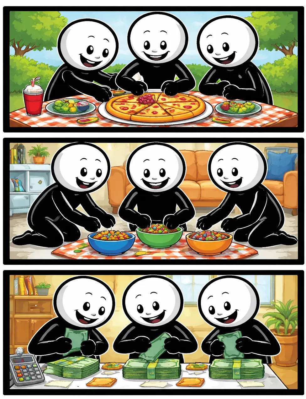 Stickman verdeelt een object in meerdere gelijke delen en geeft deze eerlijk aan anderen om zich heen