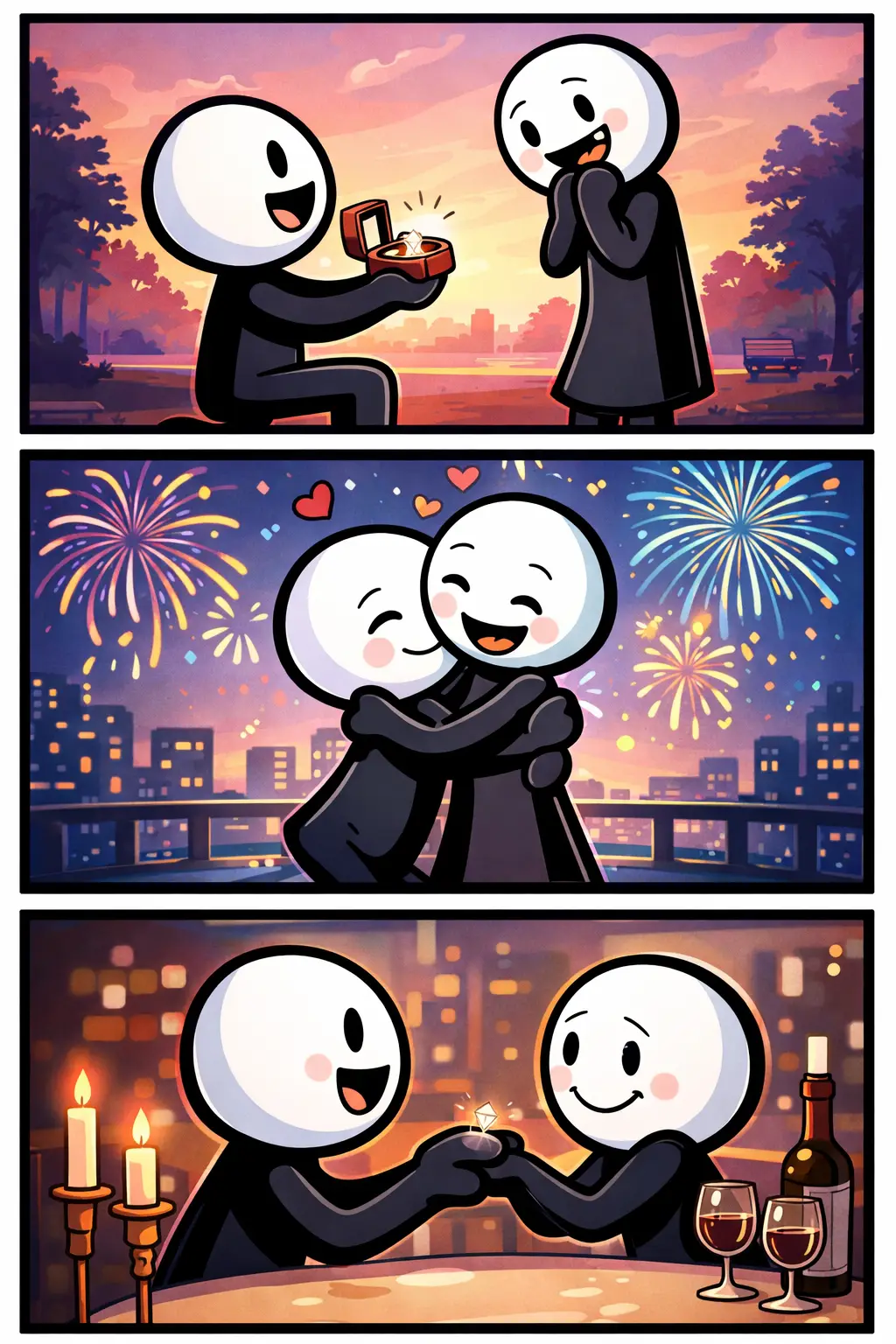 Een blije stickman die een ring aanbiedt en samen met een andere stickman een verloving viert tijdens een romantisch moment met lichtjes en diner