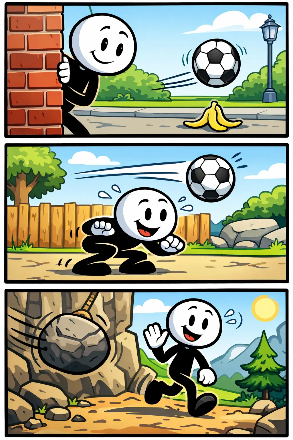 Stickman die obstakels op een pad ziet en er in drie stappen omheen loopt om ze te vermijden.