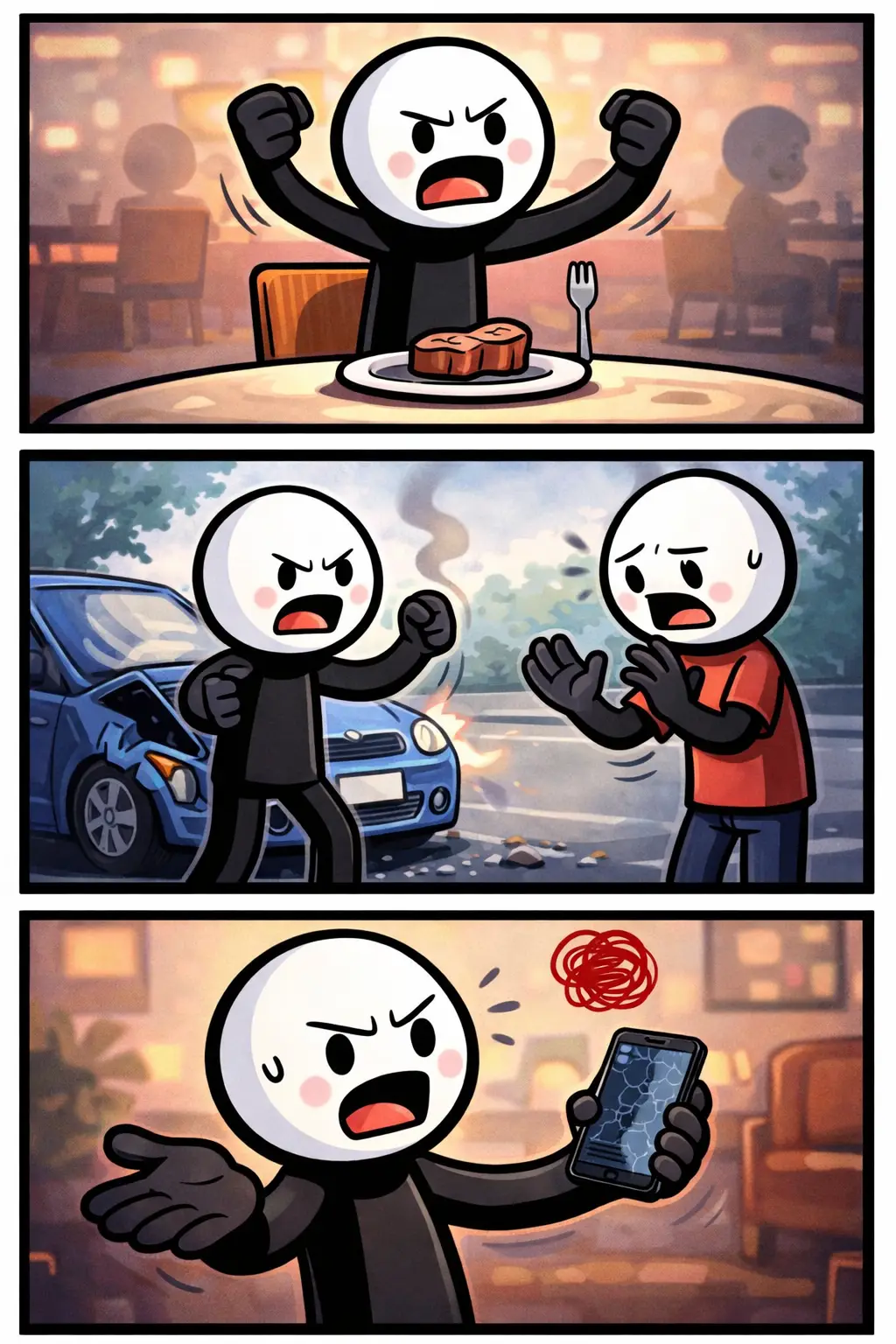 Een stickman die verontwaardigd reageert in drie situaties: boos aan tafel, fel gebarend bij een botsing en gefrustreerd met een kapotte telefoon in een woonkamer