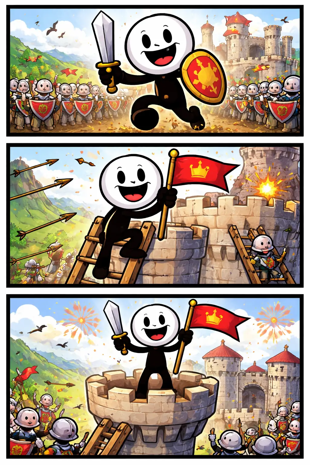 Stickman verovert stap voor stap een doel door obstakels te overwinnen in drie verschillende scènes.