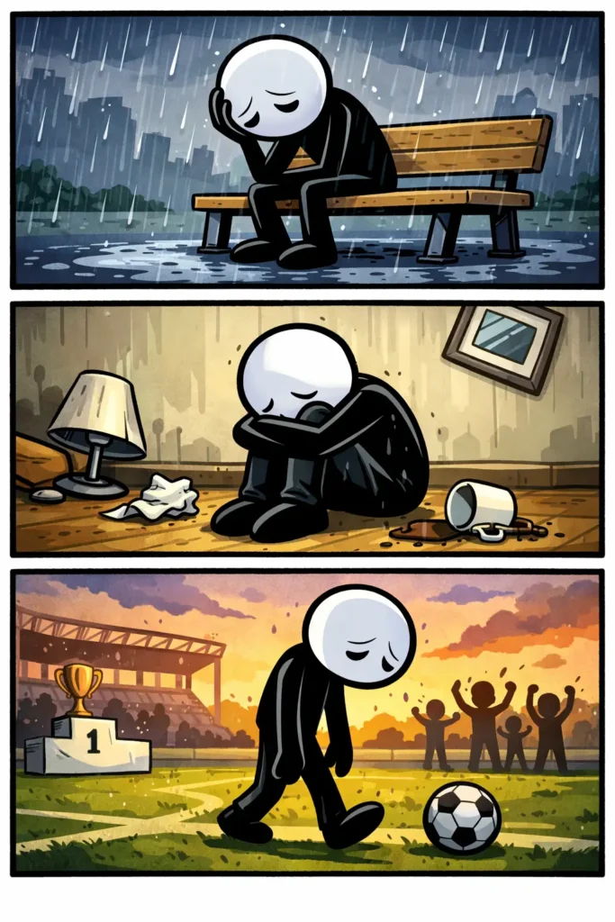 Toonwords-stickman toont verslagenheid in drie scènes: eerst zit hij moedeloos op een bank in de regen, daarna zit hij ineengedoken op de grond in een rommelige kamer, en tenslotte loopt hij langzaam weg van een sportveld terwijl anderen juichen.