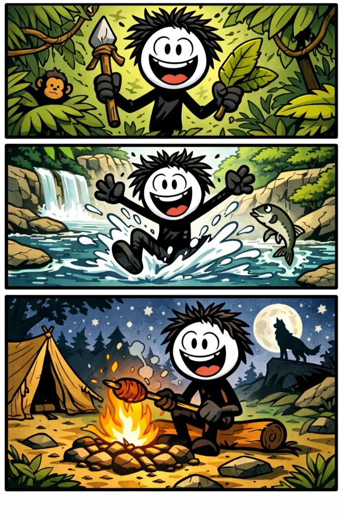 Een verwilderde stickman met wild haar beweegt door een dicht begroeide jungle, springt speels in een rivier en zit ’s nachts bij een kampvuur in een ongerepte natuur.
