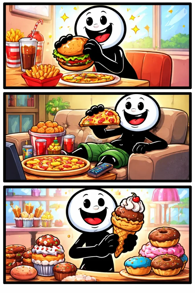 Een stickman geniet van vet eten zoals een hamburger, pizza en ijs, waarbij Vet zichtbaar wordt door smakelijke en rijke voeding in verschillende scènes.