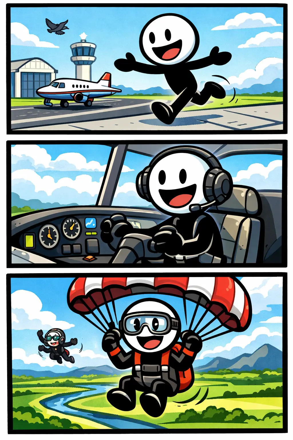 Toonwords-strip met drie panelen waarin een stickman het woord vliegen uitbeeldt door eerst naar een vliegtuig te rennen, daarna te vliegen en uiteindelijk met een parachute door de lucht te zweven.