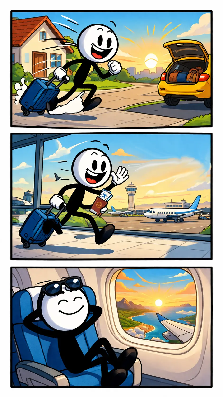 Een stickman die zich voorbereidt op vluchten, door een luchthaven loopt en vervolgens ontspannen uit het raam van een vliegtuig kijkt tijdens de reis.