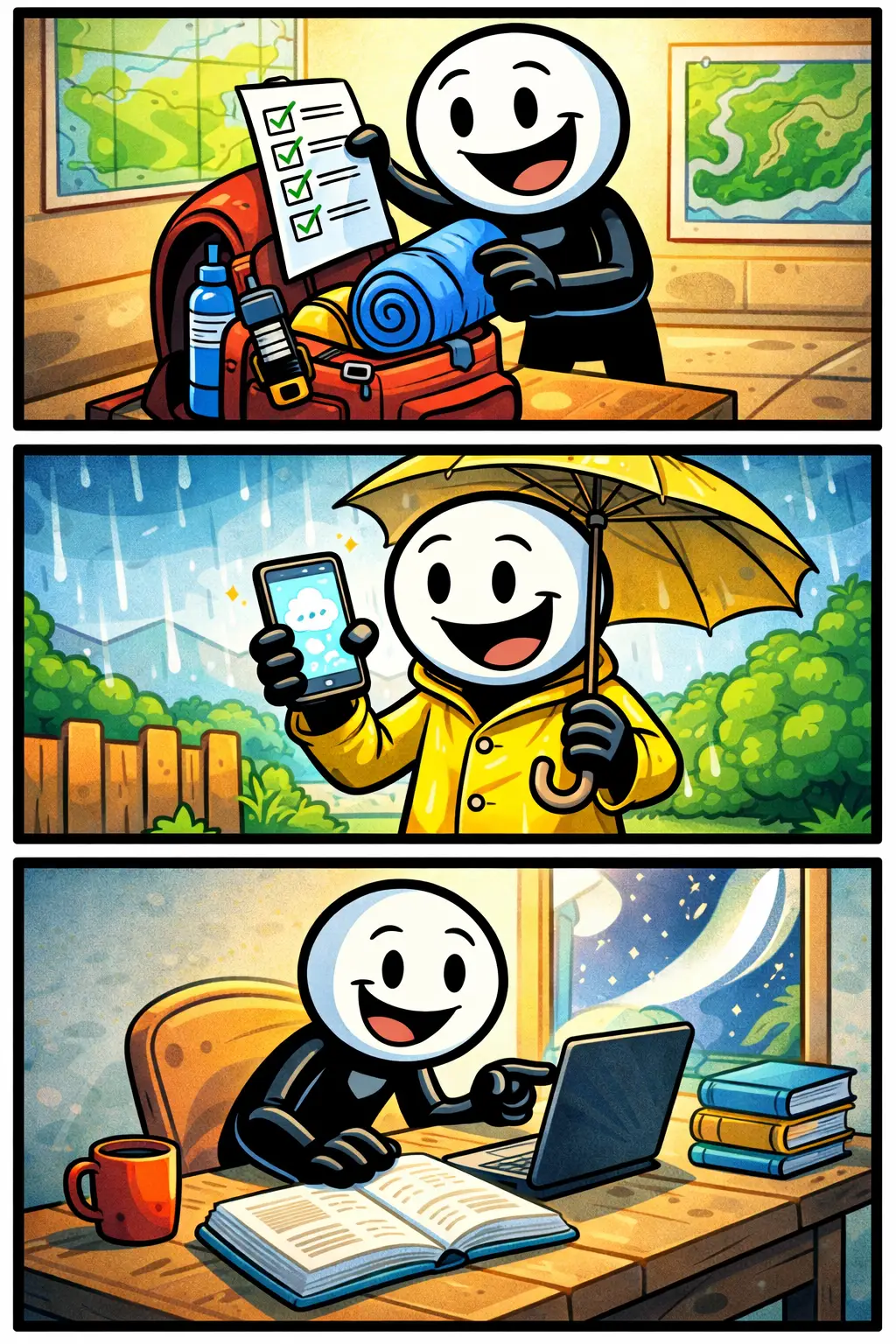 Stickman is voorbereid door spullen in te pakken, een checklist te bekijken en klaar te staan voor vertrek in drie verschillende scènes.