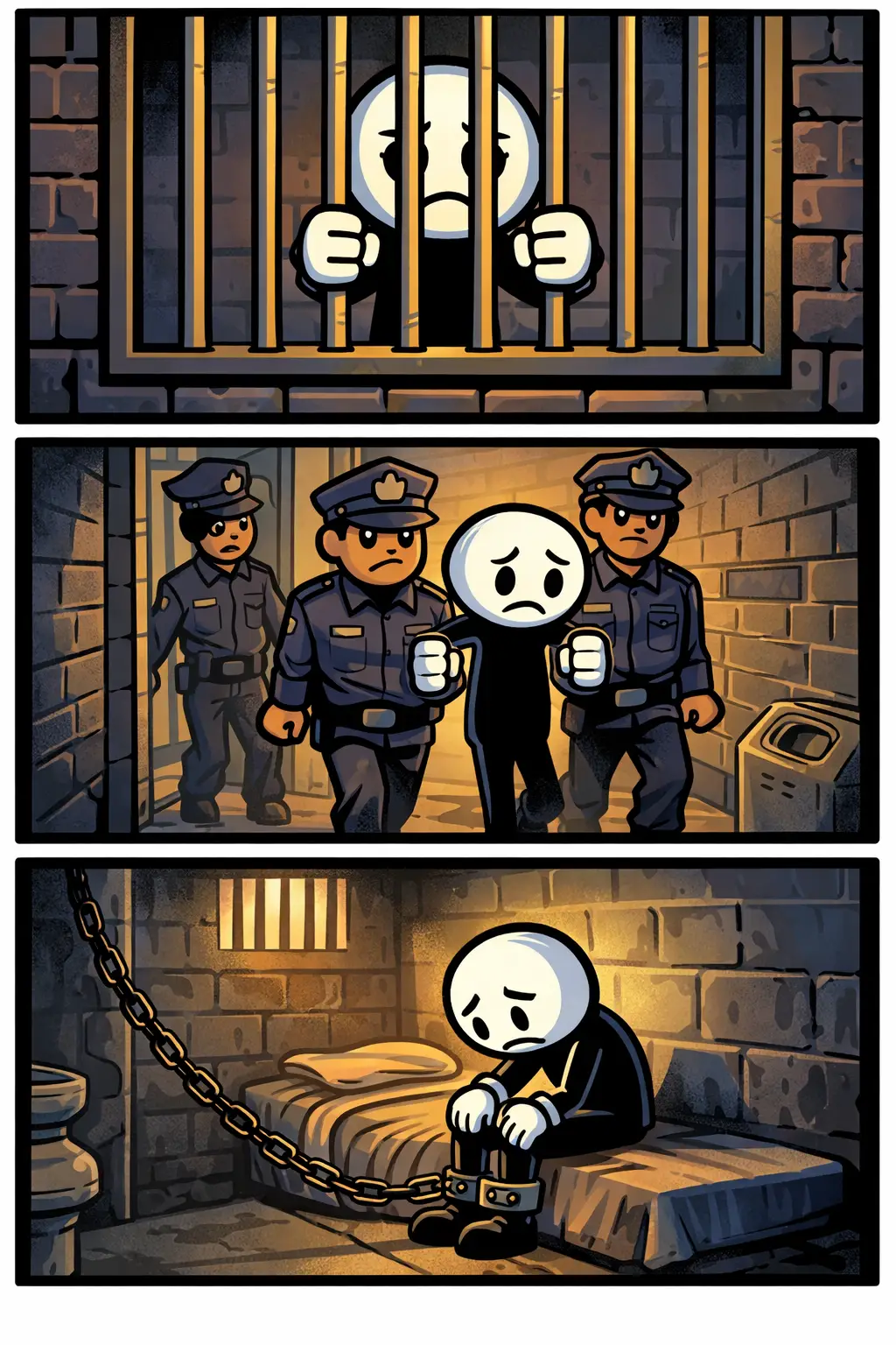 Een Toonwords-stijl stripafbeelding met drie panelen waarin een stickman vrijheidsberoving ervaart, van beperking van beweging tot opgesloten zijn in verschillende situaties.