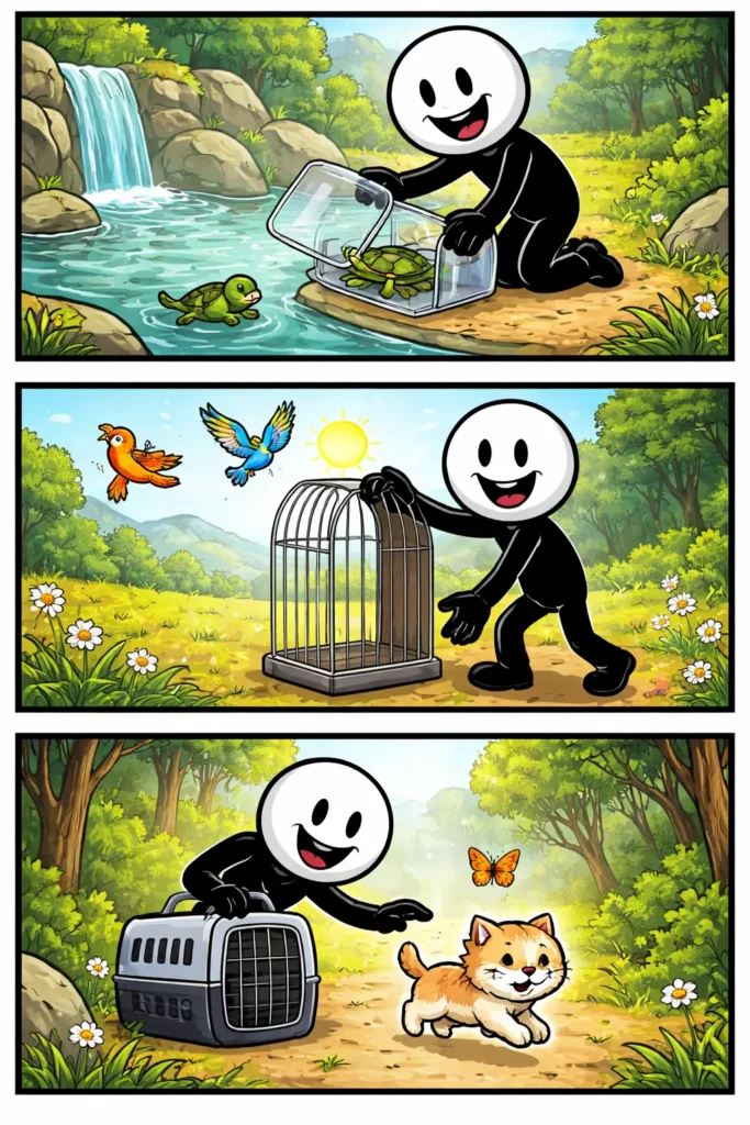 Drie panelen met stickman die een gesloten deur verlaat en zichtbaar blij de vrijheid tegemoet loopt bij vrijlating.