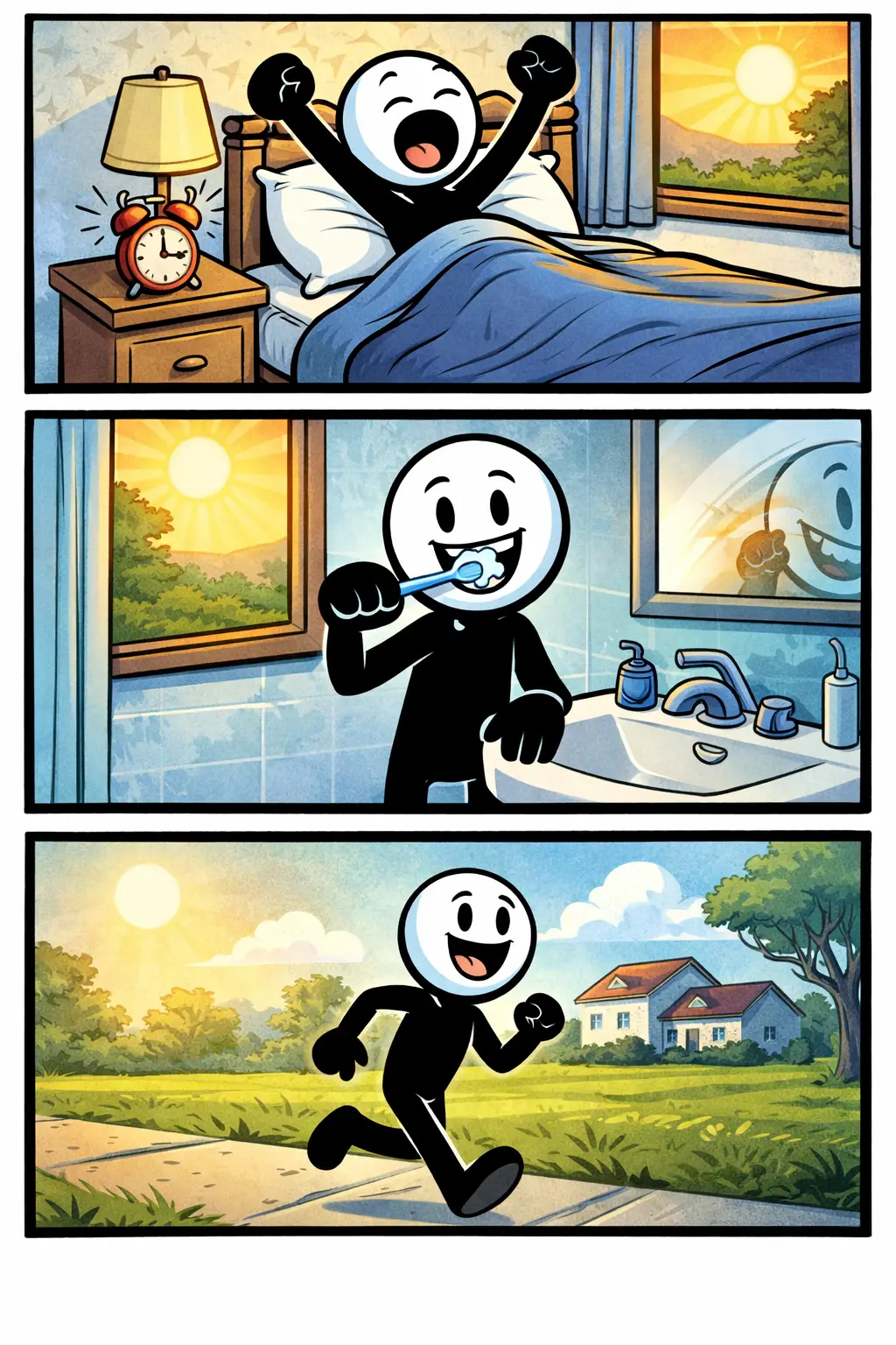 Een Toonwords-strip met drie gekleurde panelen waarin een stickman vroeg opstaat: eerst gaat de wekker terwijl het nog donker is, daarna rekt de stickman zich uit bij het opstaan, en in het laatste paneel staat hij fris buiten bij de opkomende zon.