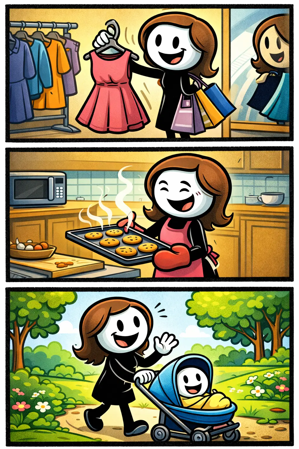 Toonwords-strip van het woord vrouw: een vrouwelijke stickman in drie momenten van het dagelijks leven, zoals winkelen, koken en wandelen in een park.
