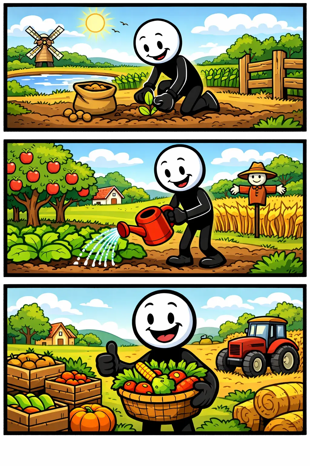 Een stickman staat op vruchtbaar land met groeiende planten en gewassen, waarbij in drie panelen te zien is hoe het land wordt bewerkt, ingezaaid en uiteindelijk rijkelijk oogst oplevert.
