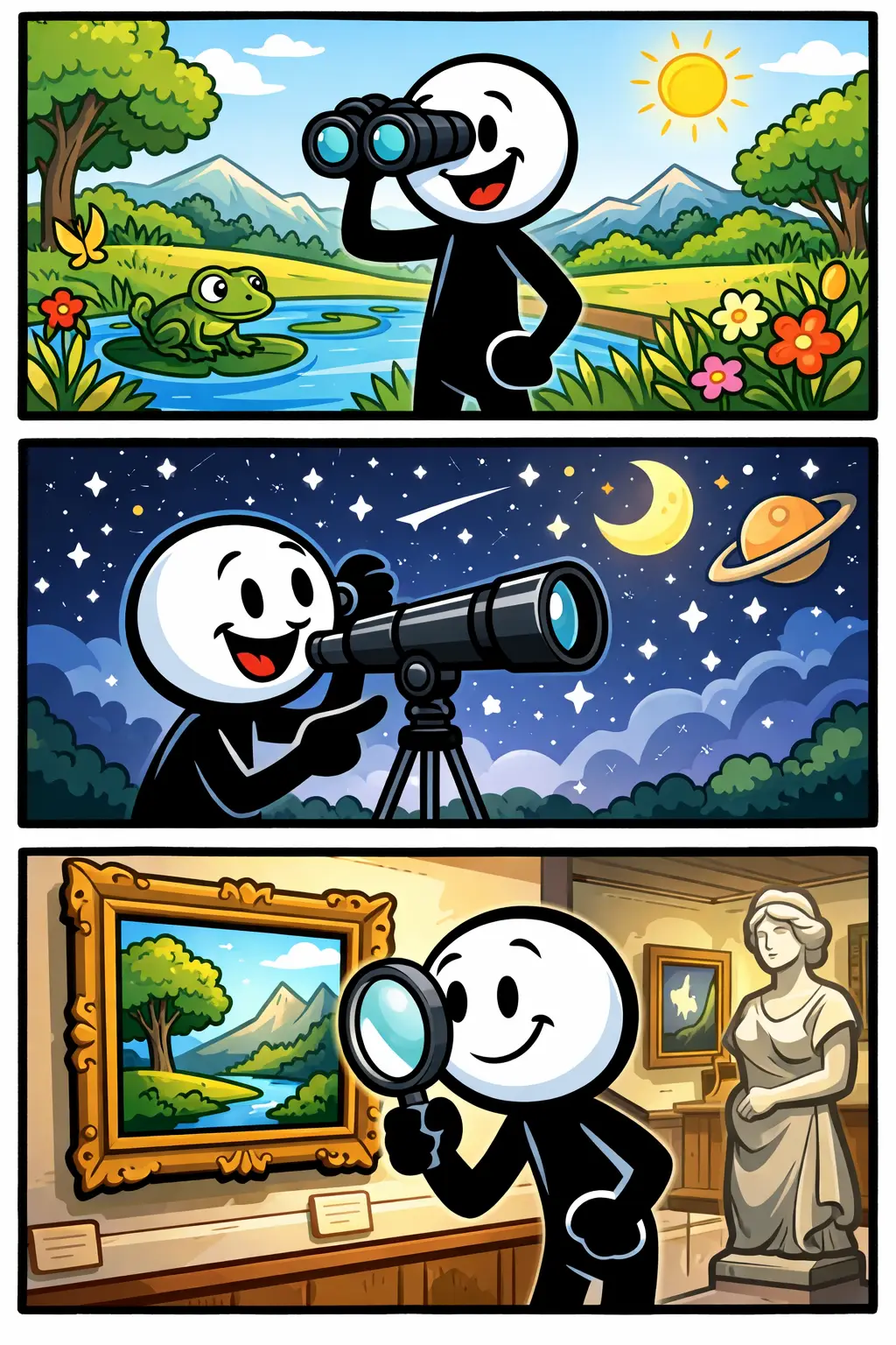 Een stripafbeelding in Toonwords-stijl met drie panelen onder elkaar. In paneel 1 kijkt een stickman nieuwsgierig naar een vogel in een park. In paneel 2 observeert dezelfde stickman aandachtig een vallend blad in een bos. In paneel 3 staat de stickman op een heuvel en neemt rustig de omgeving waar met een tevreden blik. Het woord Waarnemen wordt uitgebeeld door aandachtig kijken en bewust registreren.