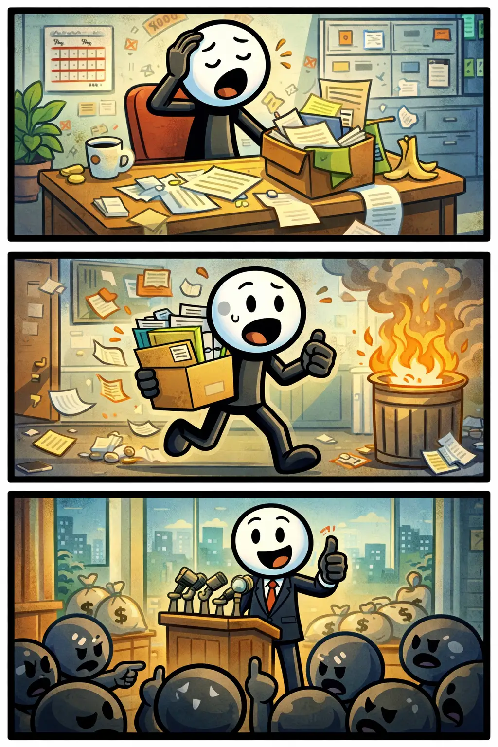 Een Toonwords-strip met drie panelen onder elkaar over Wanbeleid: in het eerste paneel maakt een stickman chaotische beslissingen aan een bureau met papieren die overal liggen, in het tweede paneel ontstaan problemen zoals kapotte spullen en boze figuren om hem heen, in het derde paneel probeert de stickman de situatie te herstellen terwijl hij inzicht krijgt en positiever kijkt.