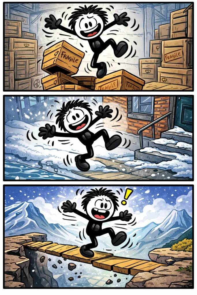 Een stickman die wankelt op verschillende plekken: op wiebelende dozen, op een gladde stoep en op een smalle brug boven een kloof, steeds zoekend naar balans.